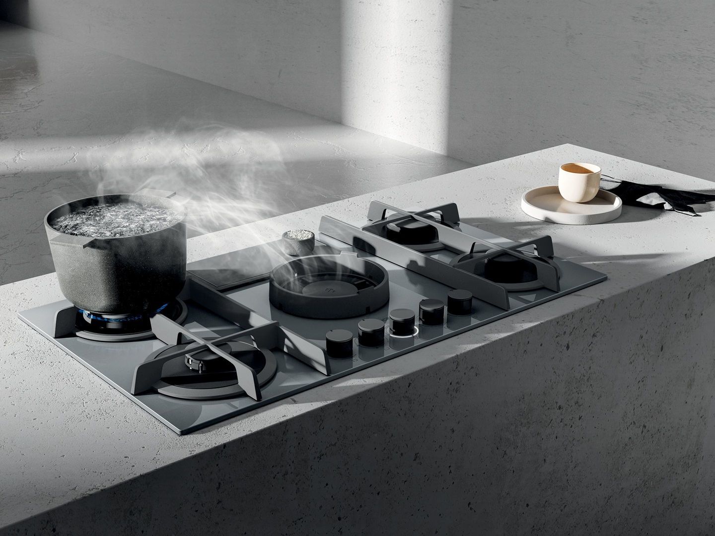 Elica PRF0147742A Nikolatesla Flame GR/A/88 - Piano a Gas Vetro Grigio Cappa Integrata 88cm Versione Aspirante
