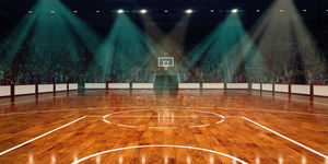 Campo da basket in legno con platea gremita di tifosi
