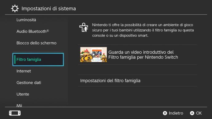 Nintendo Switch: filtro famiglia