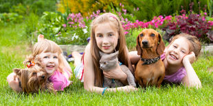 Tre bambine sdraiate sull’erba in giardino sorridono insieme a due cani di piccola taglia e a un gatto grigio.
