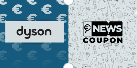Logo Dyson su sfondo blu, affiancato dalla scritta News Coupon su sfondo con pattern di icone in bianco e nero