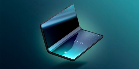 Smartphone pieghevole con schermo aperto a libro, display luminoso con orologio digitale e sfondo sfumato su tonalità blu.