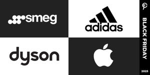 collage con quattro loghi di brand e scritta promozionale sul Black Friday a sinistra