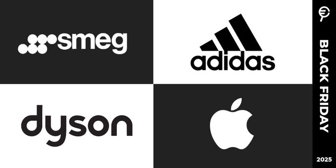 collage con quattro loghi di brand e scritta promozionale sul Black Friday a sinistra