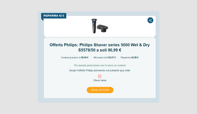 Miglior Coupon Philips del giorno: Shaver series 5000 Wet & Dry S5579/50 a  soli 90,99€