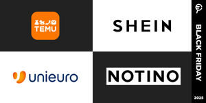 Loghi di Temu, Shein, Unieuro e Notino disposti su sfondo bianco o nero con la scritta Black Friday 2025 a destra