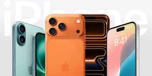 Primo piano di diversi modelli di iPhone affiancati in vari colori, con schermi accesi e fotocamere posteriori in evidenza.