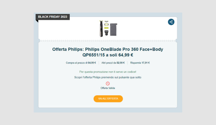 Il miglior Coupon Philips del giorno: OneBlade Pro 360 Face+Body QP6551/15  a soli 64,99€