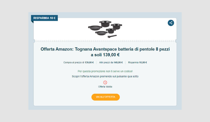 Miglior Coupon  del giorno: Tognana Avantspace batteria di pentole 8  pezzi a soli 139€