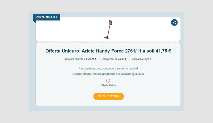 Miglior Coupon Unieuro del giorno: Ariete Handy Force 2761/11 a soli 41,75€