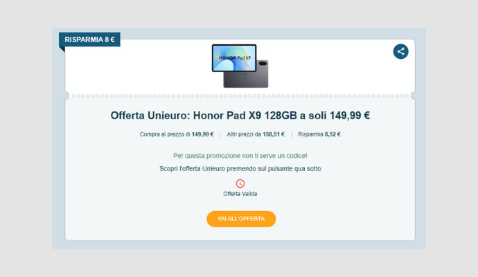 Miglior Coupon Unieuro del giorno: Honor Pad X9 128GB a soli 149,99€