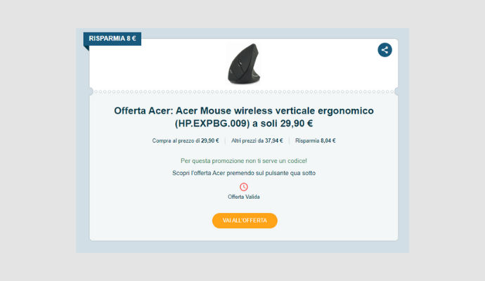 Coupon Acer Acer Mouse wireless verticale ergonomico (HP.EXPBG.009)