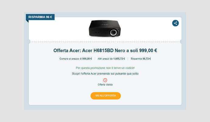 Coupon Acer Acer H6815BD Nero