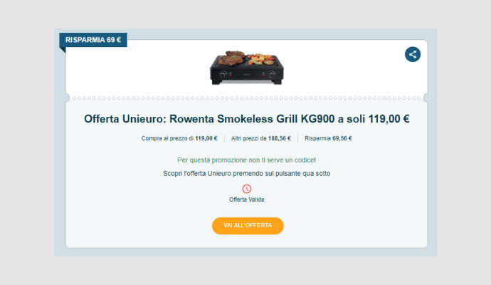 Coupon Unieuro Rowenta Smokeless Grill KG900