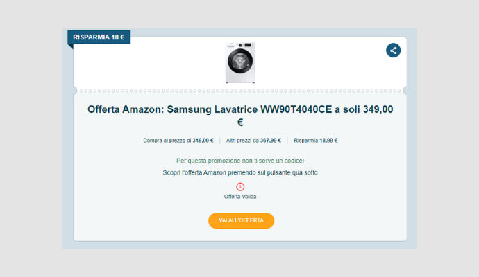 Coupon Amazon Samsung Lavatrice WW90T4040CE