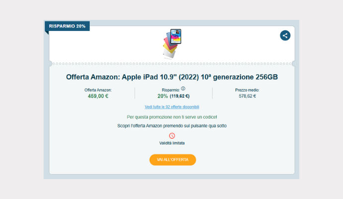 Coupon Amazon Apple iPad 10.9 (2022) 10ª generazione 256GB