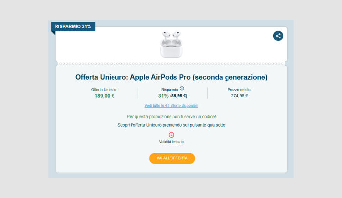 Coupon Unieuro Apple AirPods Pro (seconda generazione)