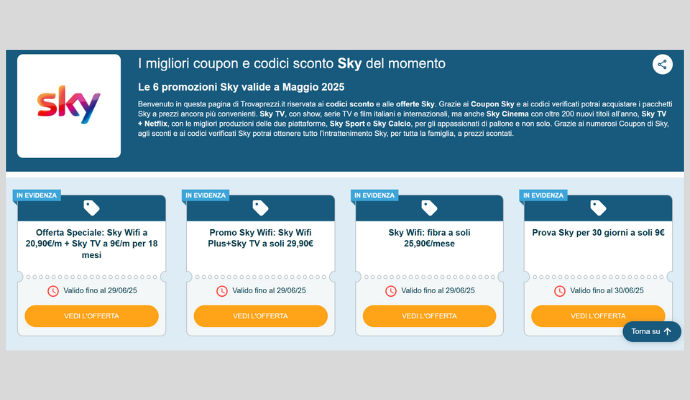 Logo Sky su sfondo bianco con accanto una descrizione che annuncia le promozioni e i coupon attivi. A seguire, 4 Coupon Sky con relativi codici esclusivi e scadenze.