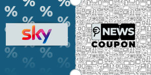 Logo Sky su sfondo blu, affiancato dalla scritta News Coupon su sfondo con pattern di icone in bianco e nero