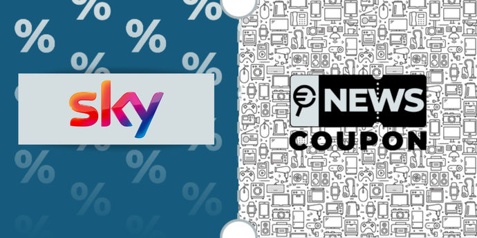 Logo Sky su sfondo blu, affiancato dalla scritta News Coupon su sfondo con pattern di icone in bianco e nero