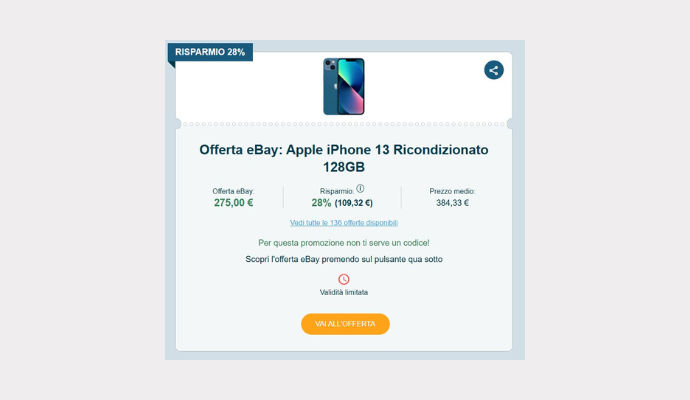 Coupon eBay Apple iPhone 13 Ricondizionato 128GB