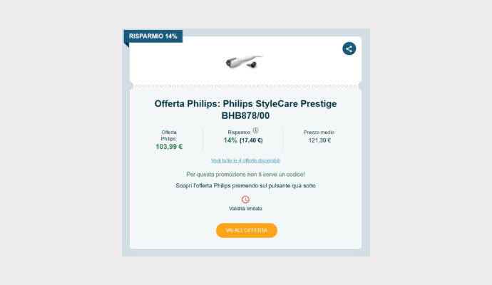 Schermata del Coupon Philips con Philips StyleCare Prestige BHB878/00 in offerta a 103,99 euro, evidenziato risparmio del 14% e pulsante arancione per accedere all’offerta