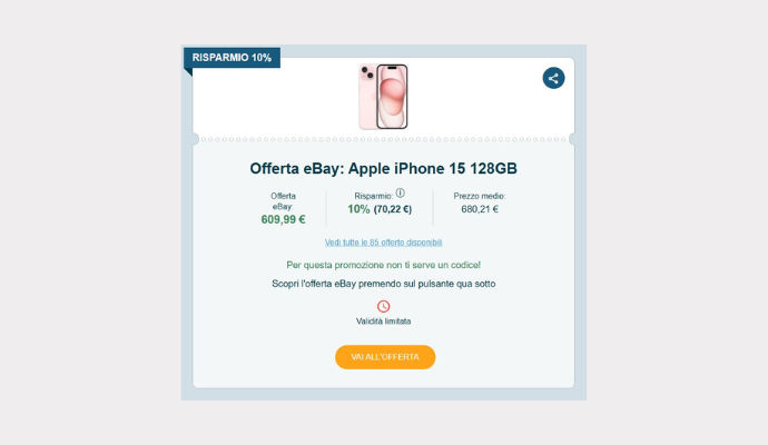 Schermata del Coupon eBay con Apple iPhone 15 128 GB in offerta a 609,99€, evidenziato risparmio del 10% e pulsante arancione per accedere all’offerta