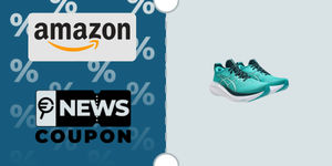 Schermata con logo Amazon e sotto la scritta News Coupon. Accanto sono rappresentate le scarpe Asics Gel Nimbus 27