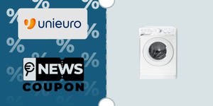 Schermata con logo Unieuro e sotto la scritta News Coupon. Accanto è rappresentata la Lavatrice 7 kg MTWC 71296 W IT