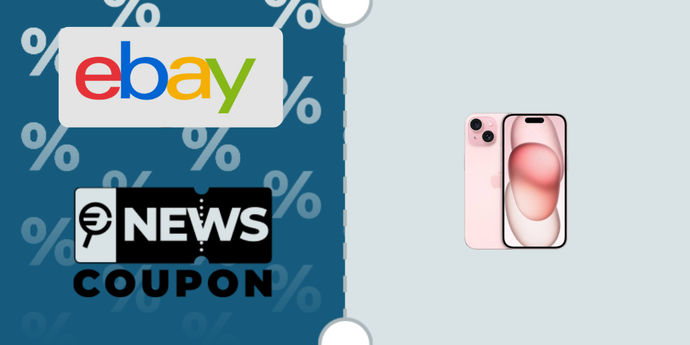 Schermata con logo eBay e sotto la scritta News Coupon. Accanto è rappresentato Apple iPhone 15 128 GB