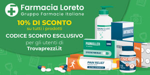 Logo di Farmacia Loreto su sfondo verde, evidenziato in giallo uno sconto del 10% e sulla destra sono rappresentate confezioni di medicinali