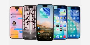 Cinque iPhone affiancati mostrano schermate diverse con chat, musica, notifiche, app e meteo su sfondo colorato.