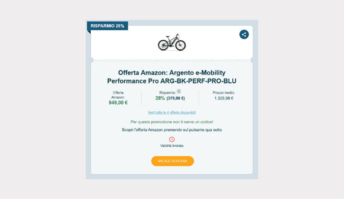 Schermata del Coupon Amazon con bicicletta elettrica e-Mobility Performance Pro ARG-BK-PERF-PRO-BLU in offerta a 949,00€, evidenziato risparmio del 28% e pulsante arancione per accedere all’offerta