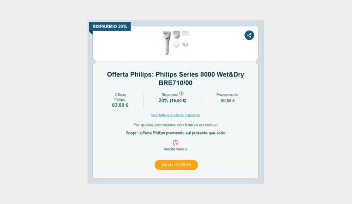 Schermata del Coupon Philips con epilatore elettrico Philips Series 8000 Wet&Dry BRE710/00 con tutte le sue testine in offerta a 63,99€, evidenziato risparmio del 20% e pulsante arancione per accedere all’offerta
