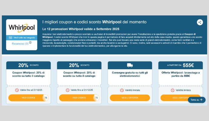 Logo Whirlpool su sfondo bianco con accanto una descrizione che annuncia le promozioni e i coupon attivi. A seguire, 4 Coupon Whirlpool con relativi codici esclusivi e scadenze. 