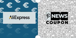 Logo AliExpress su sfondo blu, affiancato dalla scritta News Coupon su sfondo con pattern di icone in bianco e nero
