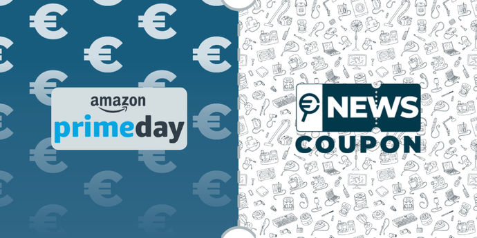 Logo Amazon Prime Day su sfondo blu, affiancato dalla scritta News Coupon su sfondo con pattern di icone in bianco e nero.