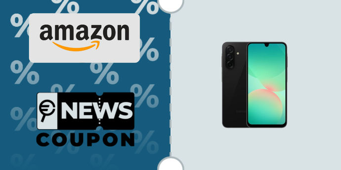 Schermata con logo Amazon e sotto la scritta News Coupon. Accanto è rappresentato lo smartphone nero Samsung Galaxy A26 6GB / 128GB