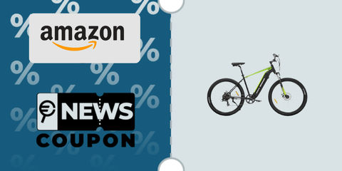 Schermata con logo Amazon e sotto la scritta News Coupon. Accanto è rappresentata la bicicletta elettrica e-Mobility Performance Pro ARG-BK-PERF-PRO-BLU