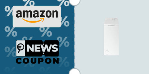 Schermata con logo Amazon e sotto la scritta News Coupon. Accanto è rappresentata Indesit Lavatrice bianca a carica dall’alto BTW L60400 IT
