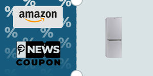 Schermata con logo Amazon e sotto la scritta News Coupon. Accanto è rappresentato frigorifero bianco combinato Candy CHCS 514EX
