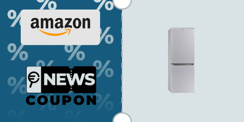 Schermata con logo Amazon e sotto la scritta News Coupon. Accanto è rappresentato frigorifero bianco combinato Candy CHCS 514EX