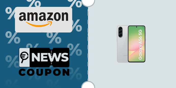 Schermata del Coupon Amazon con lo smartphone Samsung Galaxy A56 8GB / 256GB in offerta a 317,00€, evidenziato risparmio del 20% e pulsante arancione per accedere all’offerta