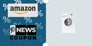 Schermata con logo Amazon e sotto la scritta News Coupon. Accanto è rappresentata la Lavatrice bianca Indesit BWA 81496X WV IT