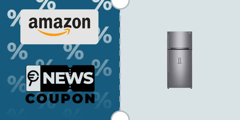 Schermata con logo Unieuro e sotto la scritta News Coupon. Accanto è rappresentato il frigorifero grigio LG GTF744PZPED