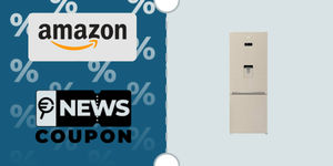 Schermata con logo Amazon e sotto la scritta News Coupon. Accanto è rappresentato il frigorifero grigio Beko RCNE560E40DBN