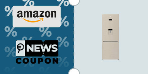 Schermata con logo Amazon e sotto la scritta News Coupon. Accanto è rappresentato il frigorifero grigio Beko RCNE560E40DBN