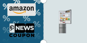 Schermata con logo Unieuro e sotto la scritta News Coupon. Accanto è rappresentato il frigorifero grigio Haier Frigorifero combinato HTR3518ENMX No frost
