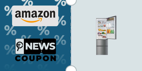Schermata con logo Unieuro e sotto la scritta News Coupon. Accanto è rappresentato il frigorifero grigio Haier Frigorifero combinato HTR3518ENMX No frost