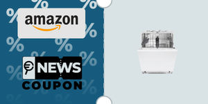 Schermata con logo Amazon e sotto la scritta News Coupon. Accanto è rappresenta la lavastoviglie bianca Candy CIP 3E7L0W